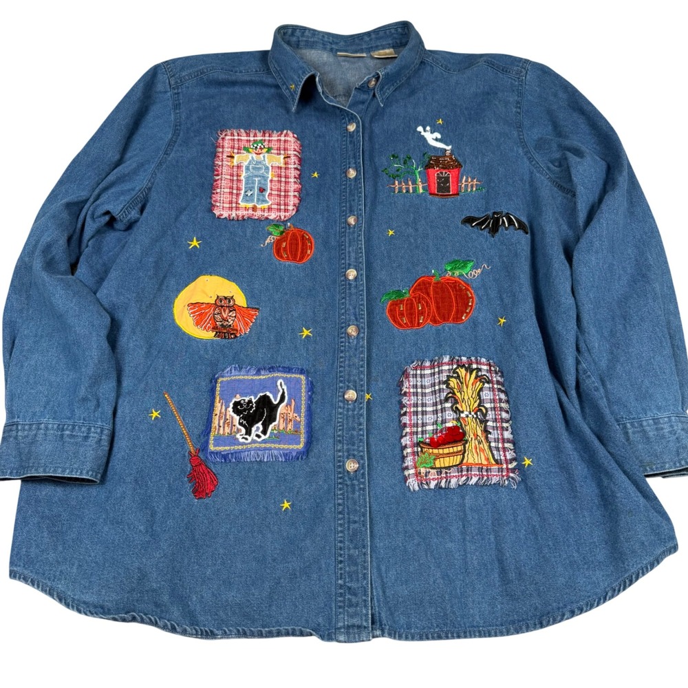 Halloween Embroidered Denim Button Down Shirt Blue L 12/14 Pumpkin Bobbi Brooks
